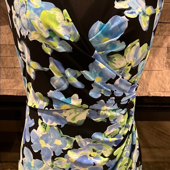 NWT Lauren Ralph Lauren Blue floral V neck slipon Midi Dress side ruching sz 10 - Picture 5 of 16
